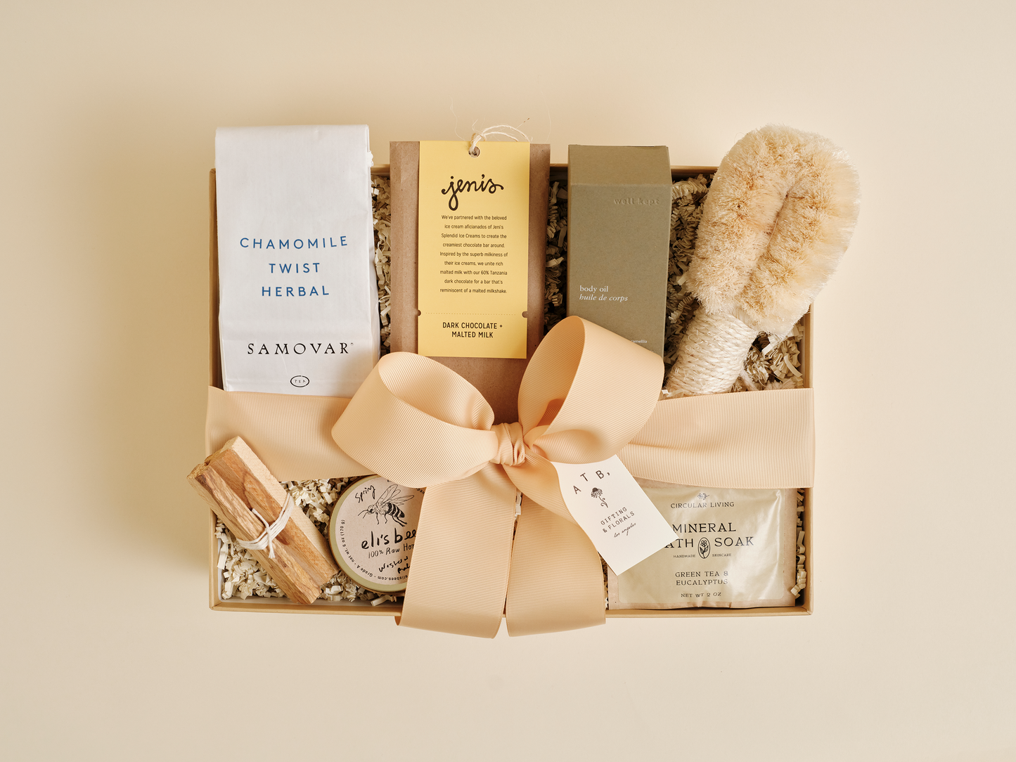 Luxury self care gift box with incense, herbal tea, bath soak, and chocolate