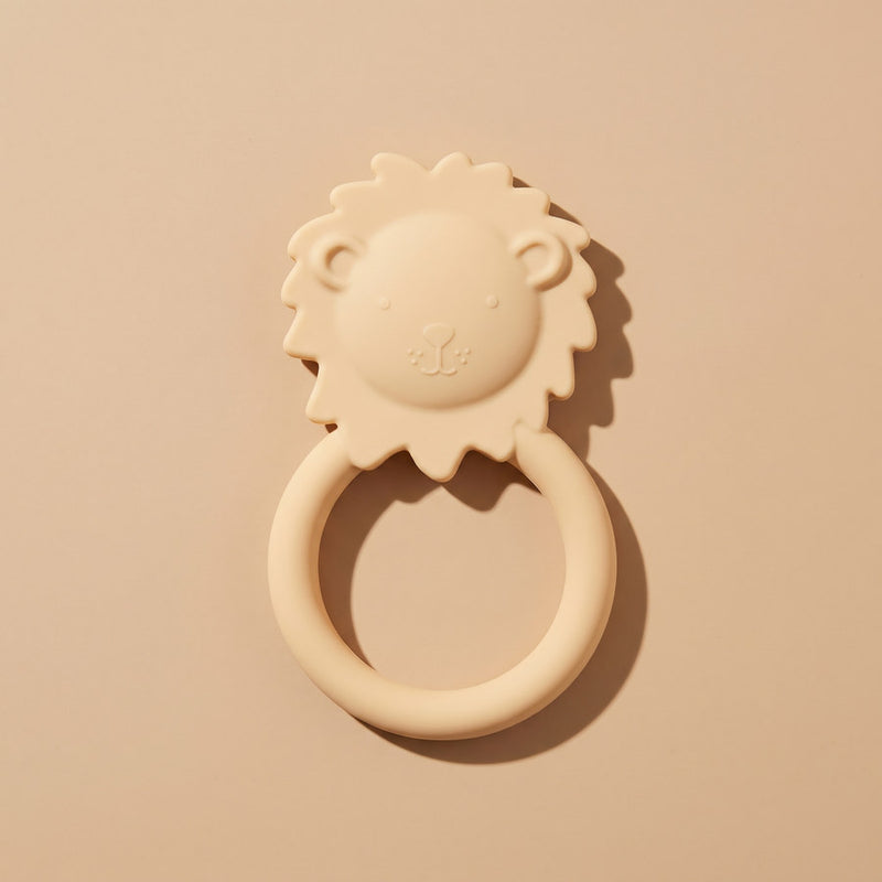 Cream silicone lion-face ring teether