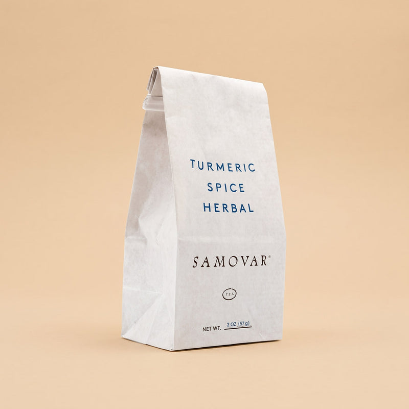 Samovar loose-leaf herbal tea in a white paper bag