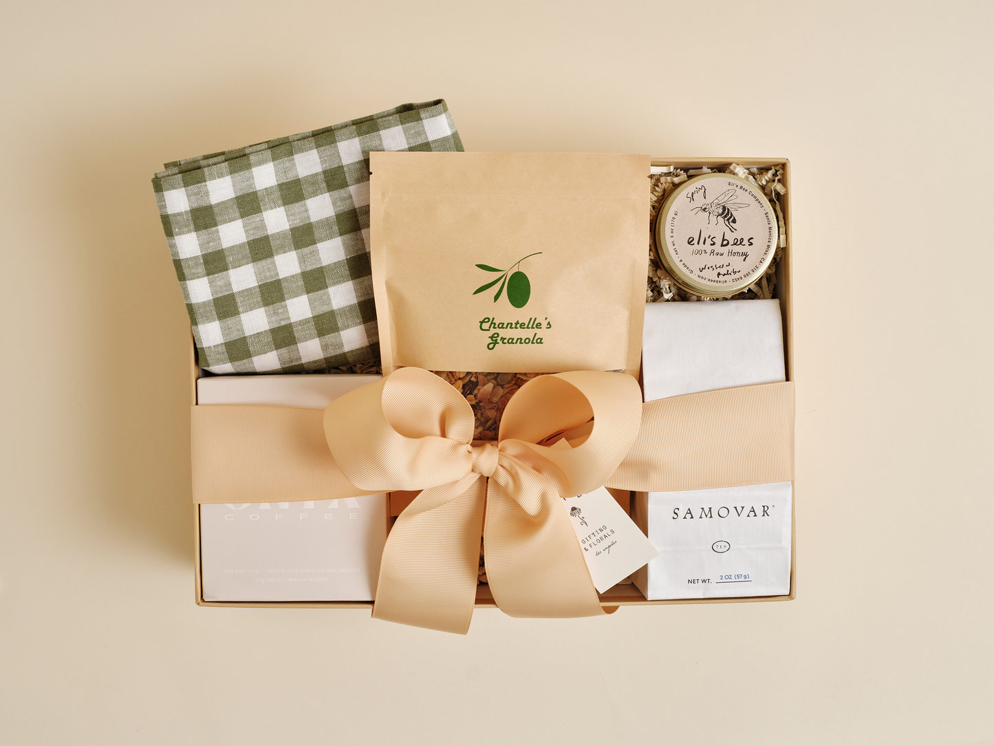 Luxury breakfast in bed gift box with coffee, tea, and artisan granola