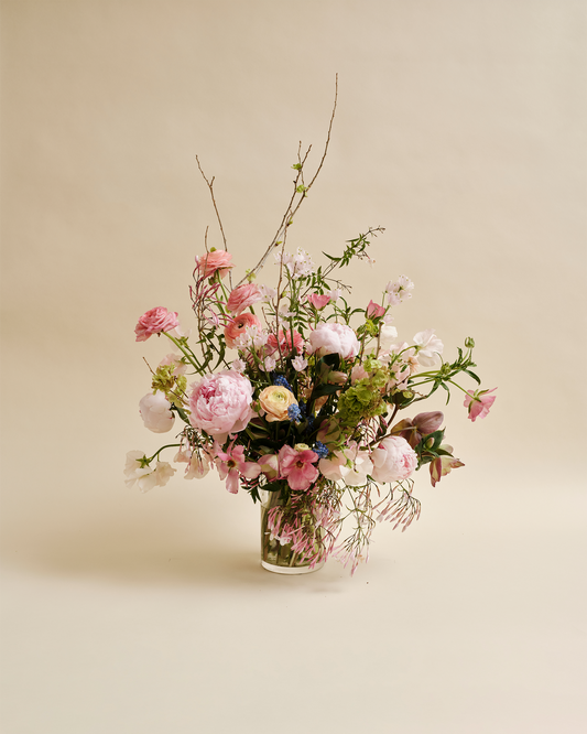 Grande seasonal flower arrangement for delivery in Los Angeles, California with garden-style blooms