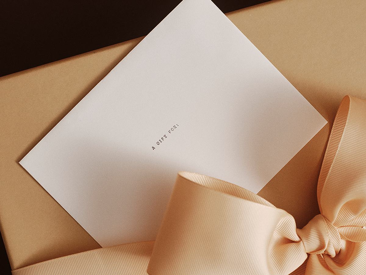 Custom gift box note card and peach ribbon