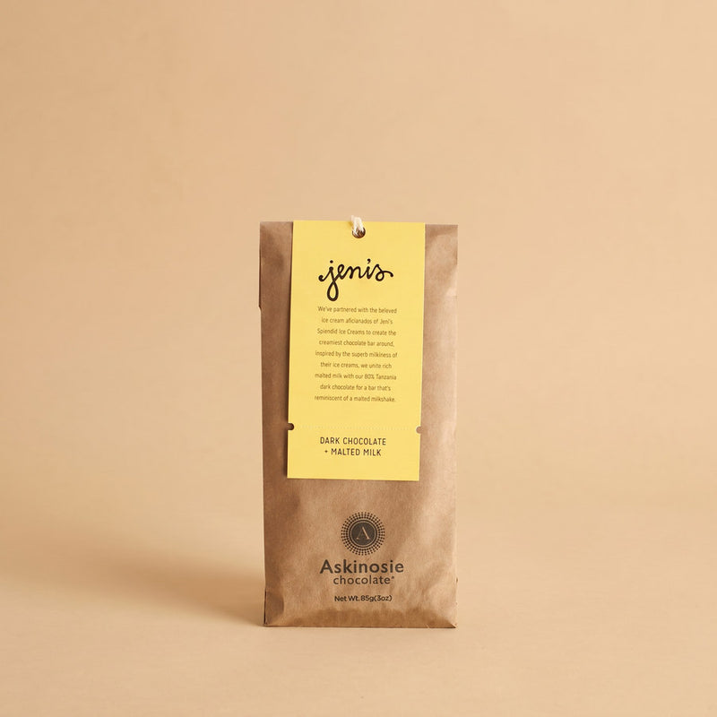 Askinosie malted milk dark chocolate bar with yellow tag